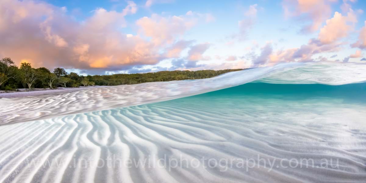 fraser island photographer, landscape photography of lake mckenzie at sunset, underwater photography